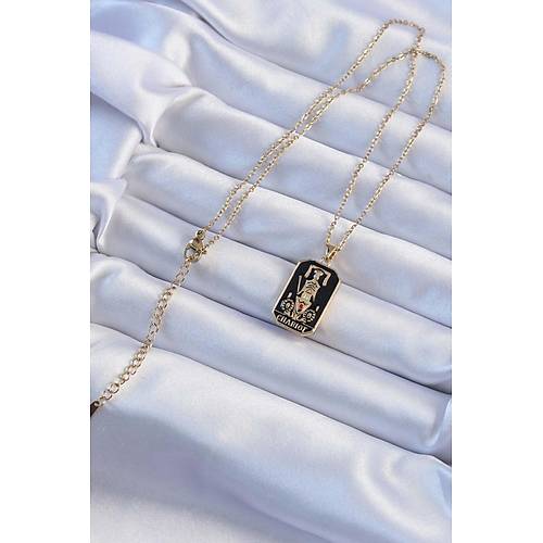 316L �elik Zincir Alt�n Renk Siyah Mineli Tarot Kolye