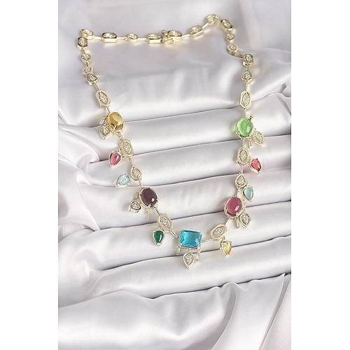 Pirin� Gold Renk Renli Zirkon Ta�l� VIP Seri Kad�n Kolye