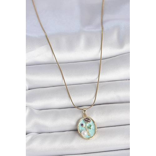316L �elik Gold Renk Zincir Mavi �i�ek ��lemeli �nci Detay Portre Model Kad�n Kolye