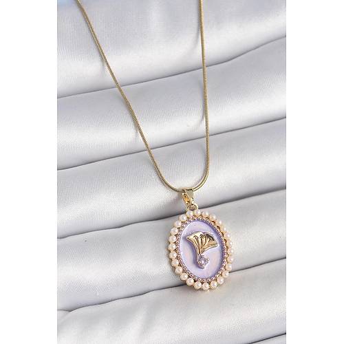 316L �elik Gold Renk Zincir Mor Mineli �ncili Zirkon Ta�l� �i�ek ��lemeli Portre Model Kad�n Kolye
