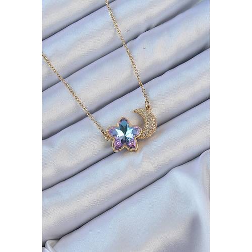 316L �elik Zincir Alt�n Renk Ay Tasar�ml� Renkli Zirkon Ta�l� �i�ek Kolye