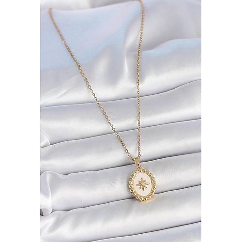 316L �elik Gold Renk Zincir Beyaz Mineli Kutup Y�ld�z ��lemeli Madalyon Model Kad�n Kolye