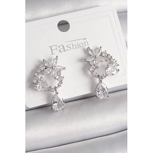 Pirin� G�m�� Renk Zirkon Ta�l� �i�ek Model Sallant� Damla Detay Kad�n K�pe