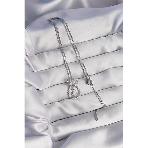 316L �elik G�m�� Renk Fiyonk Detayl� Zirkon Ta�l� Damla Model Kolye