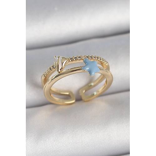 Pirin� Gold Renk 2'Li Zirkon Ta�l� Mavi Y�ld�z Fig�r Ayarlanabilir Kad�n Y�z�k