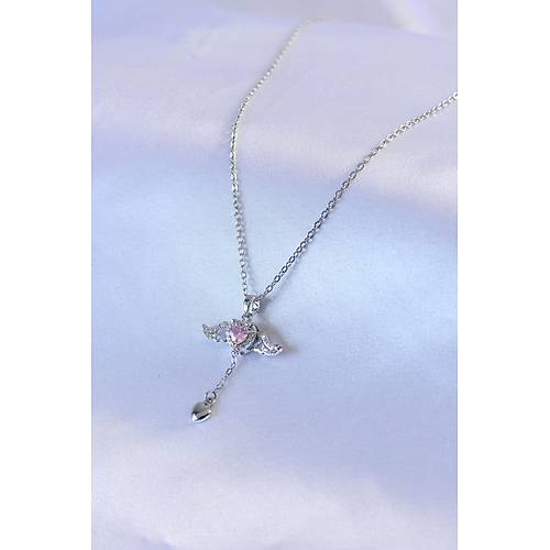 316L �elik G�m�� Renk Kanatl� Kalp Fig�r Zirkon Ta� Detay Kad�n Kolye