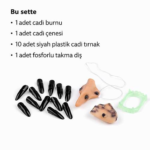 Cad� Aksesuar Seti � Burun, �ene, Fosforlu Di� ve 10 Adet Siyah T�rnak