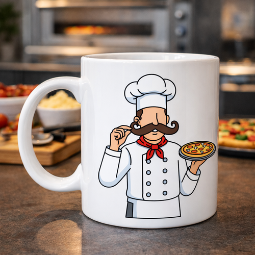 Pizza Ustas� Tasar�ml� Porselen Kupa MODEL 165 � A��� Temal� Kahve Kupas� � Pizza Sevenlere Hediye � �ef Desenli Beyaz Kupa