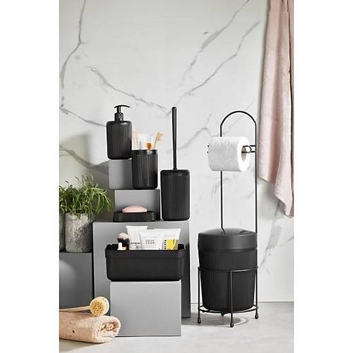 7 Par�a Siyah Banyo Seti Metal Stantl� Koval� Wc Ka��tl�k Kozmetik Kutusu Di� F�r�al�k Ve Sabunlukla