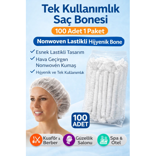 Tek Kullan�ml�k Sa� Bonesi 100�L� 1 Paket Nonwoven Lastikli Hijyenik Bone