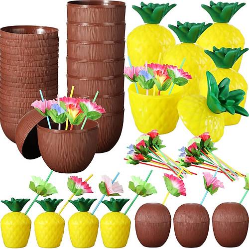 Ananas & Hindistan Cevizi Tasar�ml� Pipetli Bardak Seti (6 Adet)