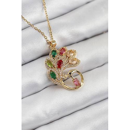 316L �elik Zirkon Ta�l� Tavus Ku�u Model Gold Renk Kad�n Kolye