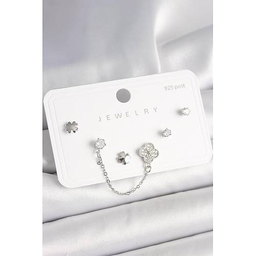 925 Ayar G�m�� �ivi Pirin� G�m�� Renk Zirkon Ta�l� Yonca Model Sallant� Zincir Detay Kad�n K�pe Seti