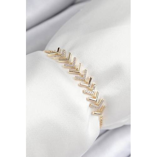 Pirin� Zirkon Ta�l� S�ral� Ok Model Gold Renk Asans�rl� Kad�n Bileklik