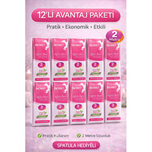 Biowet A�da Bezi 2 Metre Spatula Hediyeli Epilasyon Bezi Dayan�kl� T�y D�kme Bezi 12 Paket