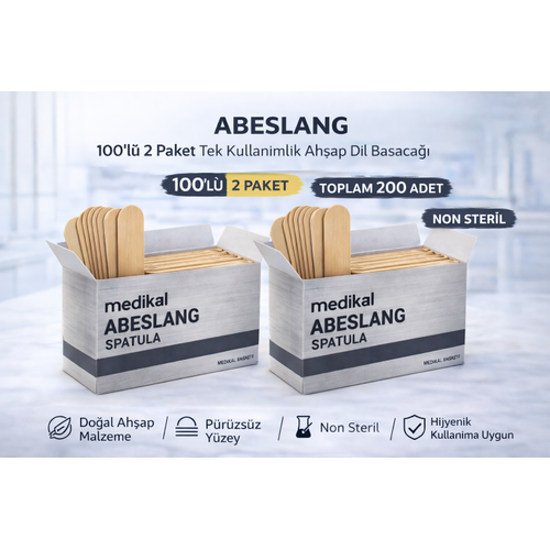 Abeslang 100'l� 2 Paket Tek Kullan�ml�k Ah�ap Dil Basaca�� Non Steril Medikal Spatula Toplam 200 Adet