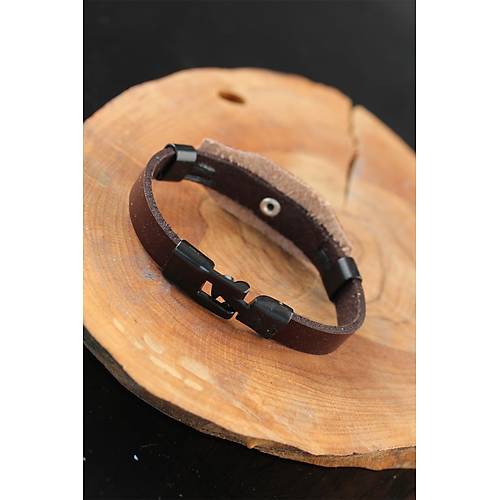 Siyah Sonsuzluklu Metal Aksesuarl� Kahverengi Deri Erkek Bileklik