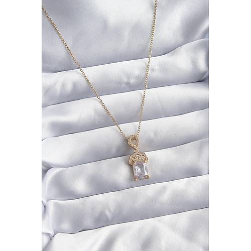 316L �elik Zincir Gold Renk Zirkon Ta�l� Ta� Model Kad�n Kolye