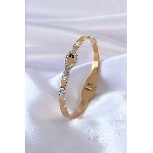 316L �elik Gold Renk Y�lan Model Zirkon Ta� Detay Kad�n Kelep�e
