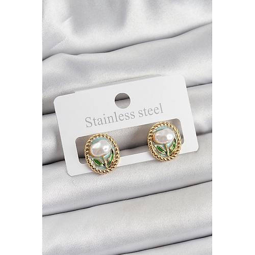 Pirin� Ye�il Mineli Lale Fig�rl� Sanatsal Portre Model Gold Renk Kad�n K�pe