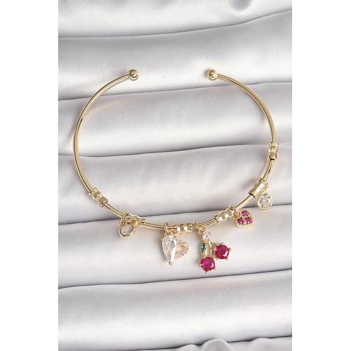 Pirin� Gold Renk Sallant� K�rm�z� Zirkon Ta�l� Kiraz Fig�r Charm Kad�n Bileklik