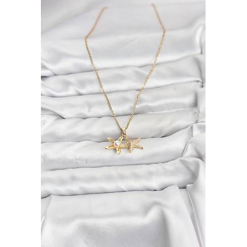 316L �elik Zincir Gold Renk Deniz Y�ld�z� Model Zirkon Ta�l� Kad�n Kolye