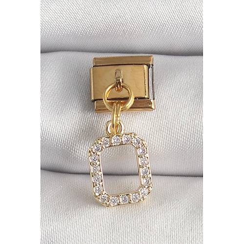 316L �elik Gold Renk Sallant� Kare Zirkon Ta�l� Nomination Charm