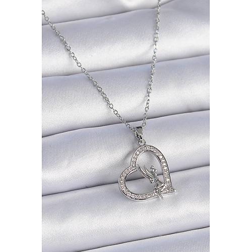 316L �elik Zincir G�m�� Renk Zirkon Ta�l� Kalp Model Melek Detay Kad�n Kolye