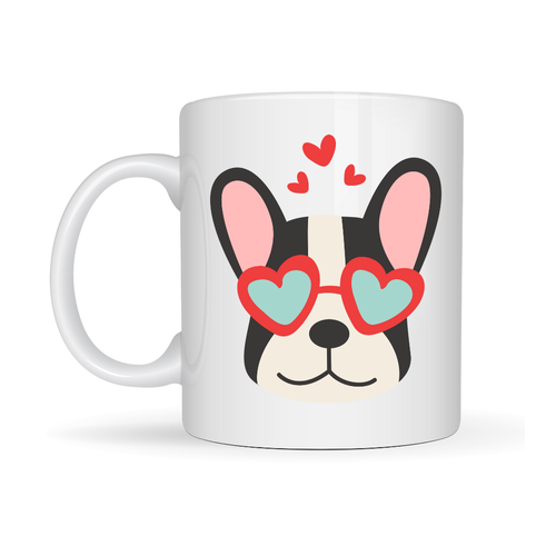 French Bulldog Desenli Kalpli G�zl�kl� Porselen Kupa Model 50 � Sevimli K�pek Tasar�ml� Kahve Kupas�