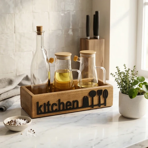 Ah�ap Mutfak Organizeri Ya�danl�k Stand� Kitchen Yaz�l� Tezgah �st� �i�e D�zenleyici