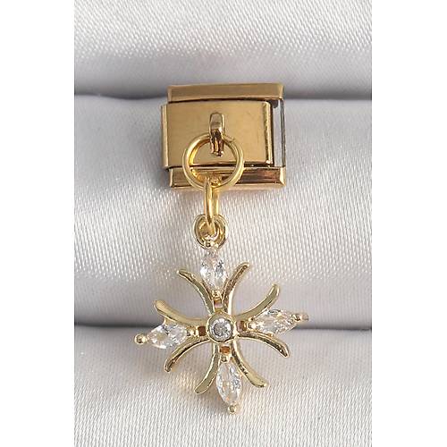 316L �elik Gold Renk Sallant� Zirkon Ta�l� Kar Tanesi Model Nomination Charm