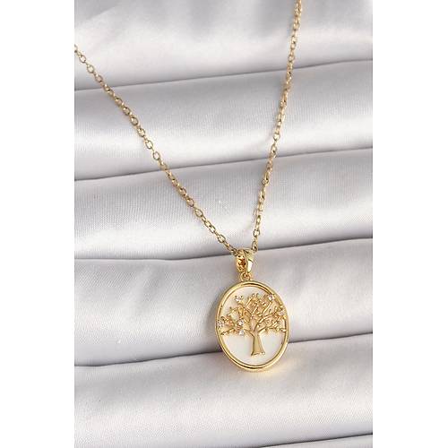 316L �elik Gold Renk Zincir Zirkon Ta� Detayl� Beyaz Mineli A�a� ��lemeli Portre Model Kad�n Kolye