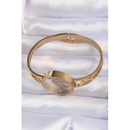 316L �elik Alt�n Renk ��i Ya�am A�ac� ve Nazar Boncuk Fig�rl� A��labilir Fanus Kelep�e