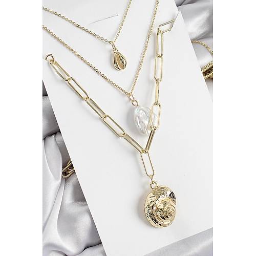 Pirin� �oklu Zincirli �ncili Deniz Kabu�u Model Gold Renk Kad�n Kolye