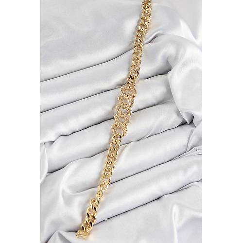 Pirin� Zirkon Ta�l� Ezme K�ba Zincir Model Gold Renk Kad�n Bileklik