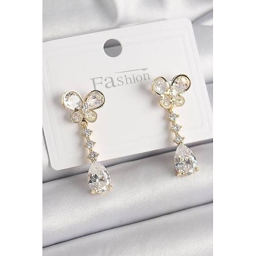 Pirin� Gold Renk Zirkon Ta�l� Kelebek Model Sallant� Damla Zirkon Ta� Kad�n K�pe