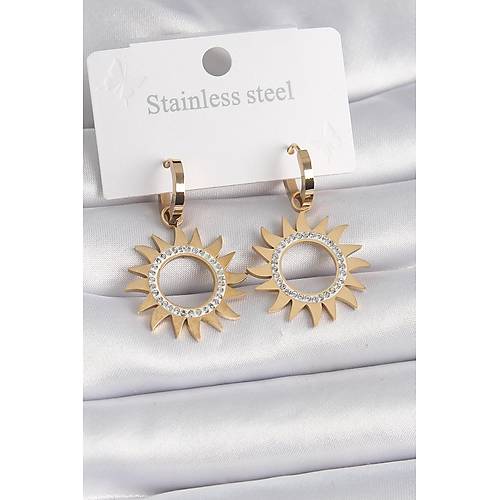 316L �elik Gold Renk Zirkon Ta�l� G�ne� Model Kad�n K�pe