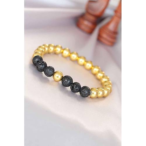 Lav Do�al Ta� Detayl� Hematit Gold Renk Erkek Bileklik