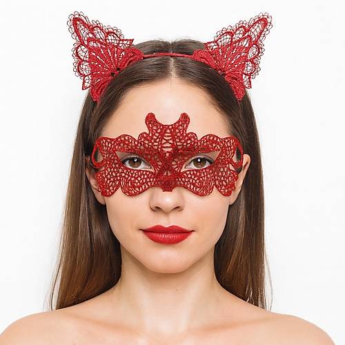 Ate� K�rm�z�s� Dantel Ta� ve Maske Seti 10 No - Maskeli Balo & �zel G�n Seti