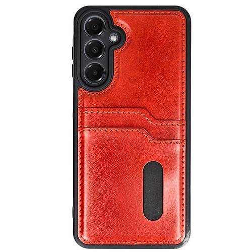 Galaxy A25 5G K�l�f Sara Kartvizitli Deri K�l�f - K�rm�z�
