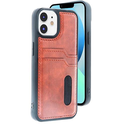 iPhone 11 K�l�f Sara Kartvizitli Deri K�l�f - Taba