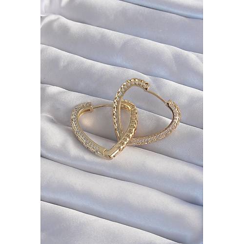Pirin� Gold Renk Zirkon Ta�l� Motifli Kalp K�pe