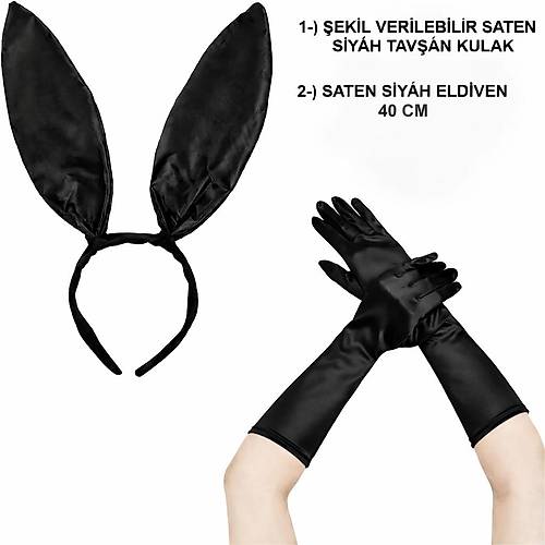 Siyah Parlak Tav�an Kulak ve 40 cm Parlak Siyah Eldiven Kost�m Seti