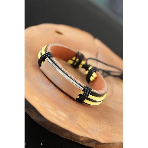 Metal Aksesuarl� Sar� Siyah Renk Deri Erkek Bileklik