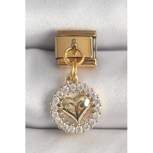 316L �elik Gold Renk Sallant� Zirkon Ta�l� Kalp Model Nomination Charm