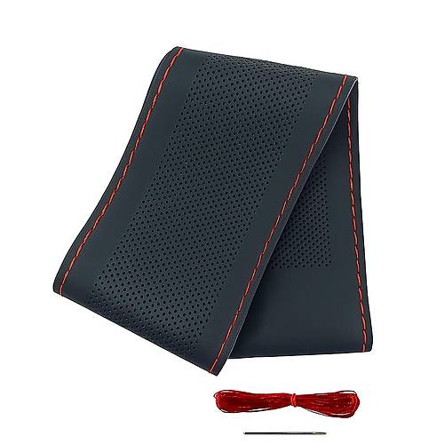 L�x Desenli Deri Dikme Direksiyon K�l�f� 38-40cm Siyah K�rm�z� Diki�li OND378