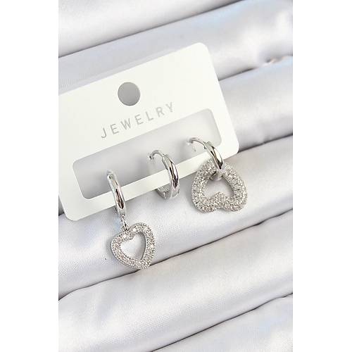 Pirin� Zirkon Ta�l� Kalp Model G�m�� Renk 3'l� �ift Kad�n K�pe Set