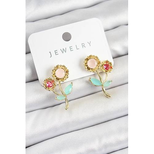 Pirin� Renkli Zirkon Ta�l� Papatya Model Gold Renk Kad�n K�pe