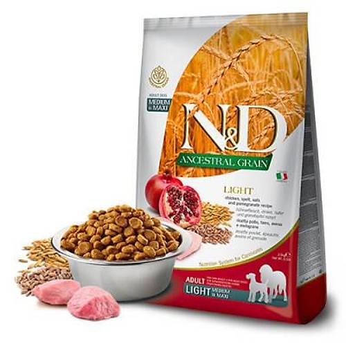 N&D Ancestral Grain Orta ve B�y�k Irk Tavuklu Narl� D���k Tah�ll� Light K�pek Mamas� 12 Kg