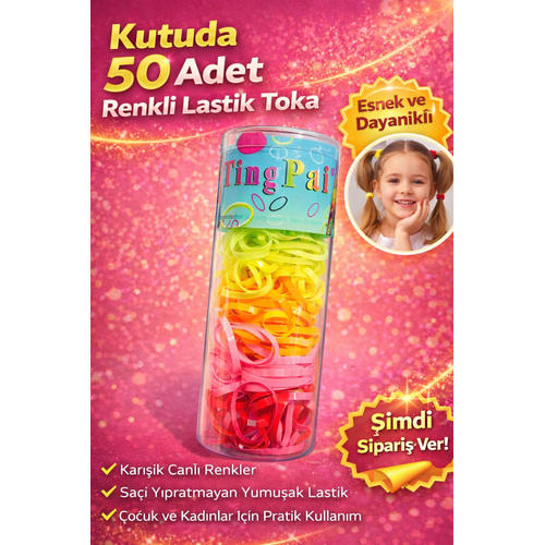 50 Adet Renkli Lastik Toka Seti Kutu ��inde Kar���k Renkli Sa� Lasti�i �ocuk ve Kad�n Sa� Tokas�